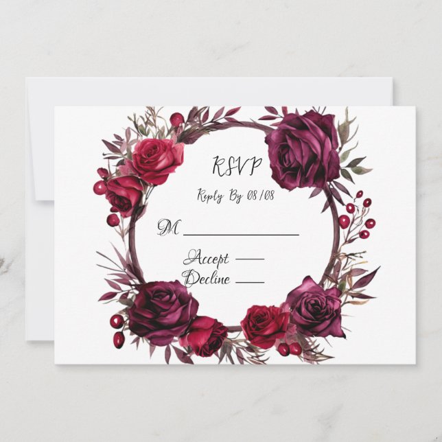 Cartes RSVP en couronne de roses rouges et bordeau (Devant)
