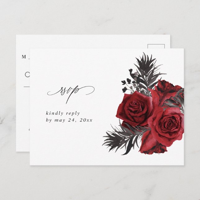 Cartes RSVP Fleurs Rouges & Noir sans Repas (Devant / Derrière)