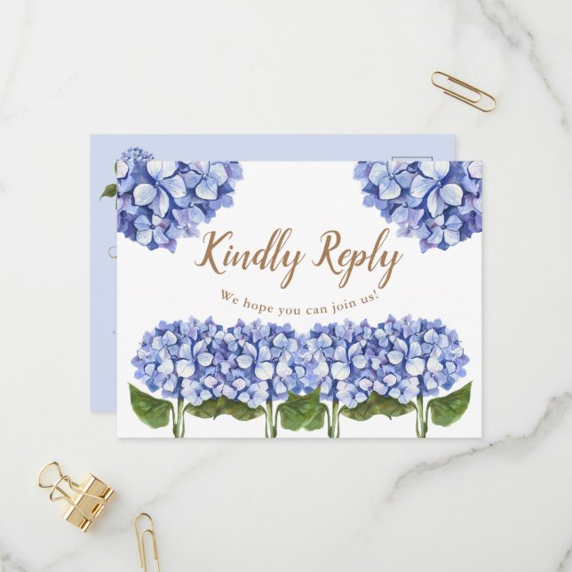 Cartes RSVP Florales Elégantes Hydrangea Bleu (Devant/Arrière en situation)