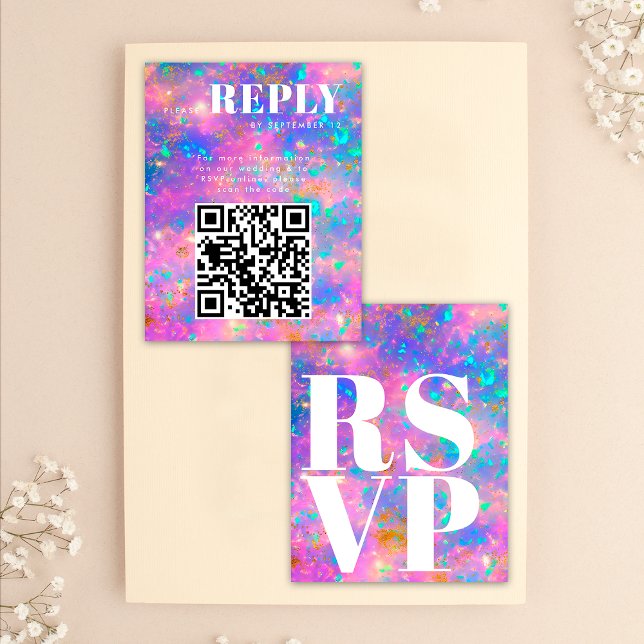 Cartes RSVP Gold Opal Stone pour code QR Mariage (Front / Back)
