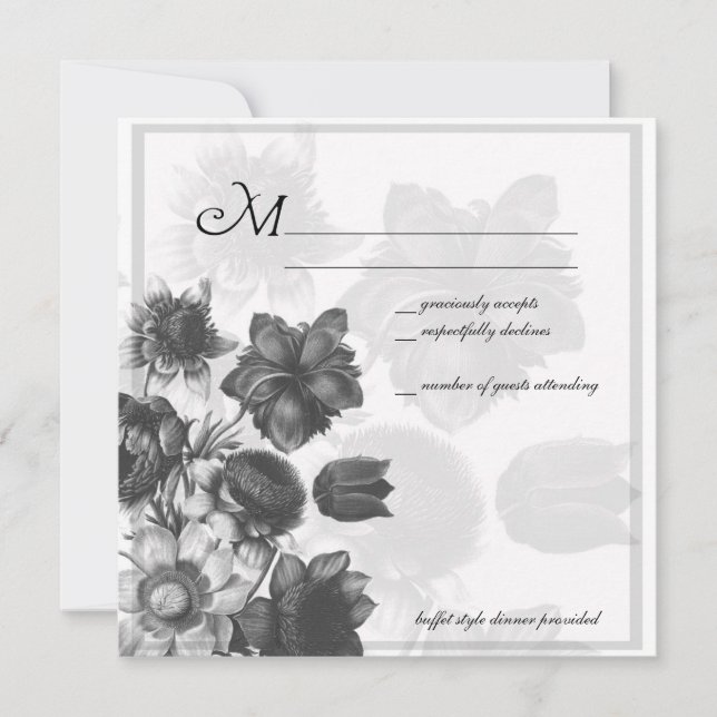 Cartes RSVP Gris Elégant Mariage Fleur (Devant)