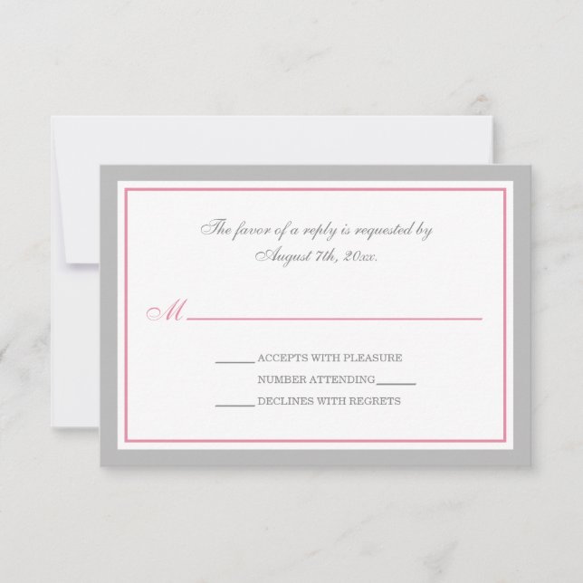 Cartes RSVP Gris & Rose de la réception de mariage (Devant)