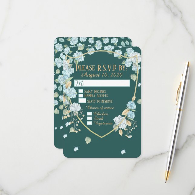 Cartes RSVP Hortensia au clair de lune (Devant/Arrière en situation)