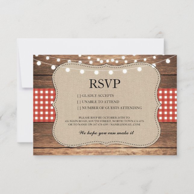 Cartes RSVP Mariage Bois Toile de Jute Rouge Damie (Devant)