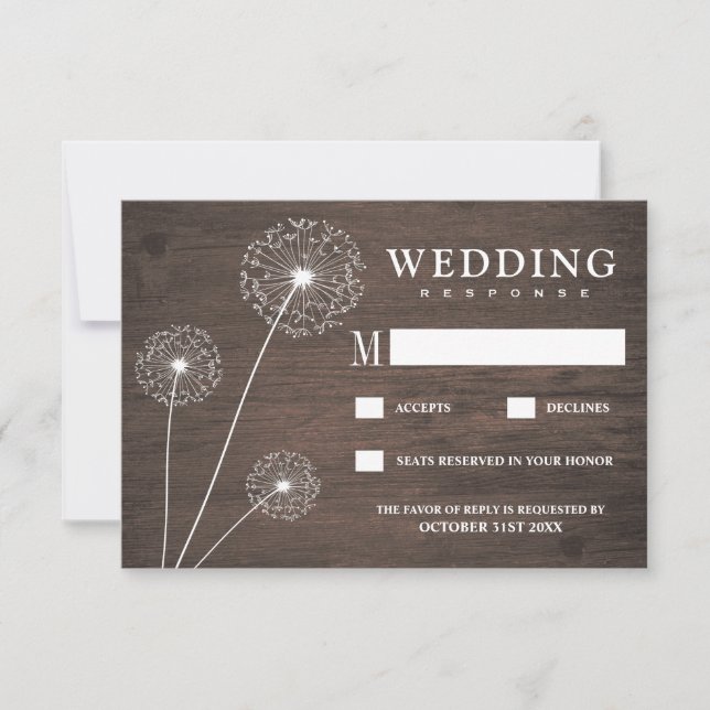 Cartes RSVP Mariage campagnard en bois Dandelion (Devant)