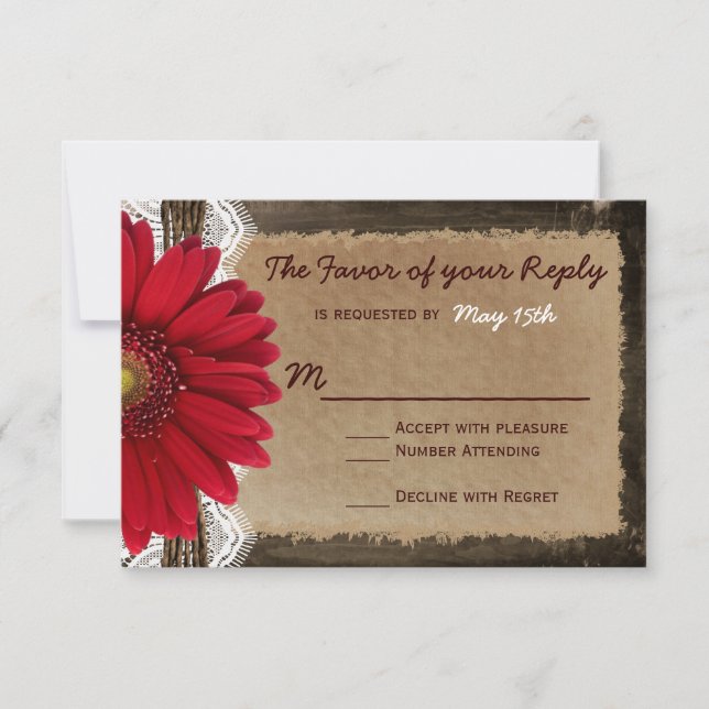 Cartes RSVP Mariage campagnard roux bois rustique (Devant)