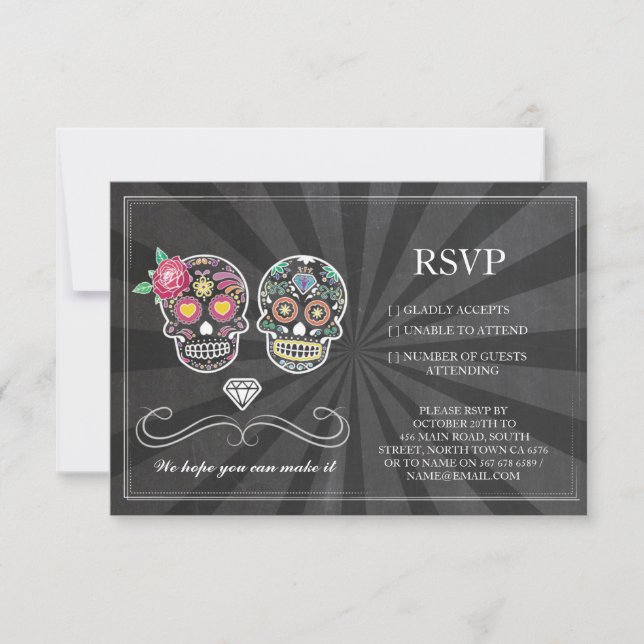 Cartes RSVP Mariage Craie Crâne de Sucre Floral Ru (Devant)