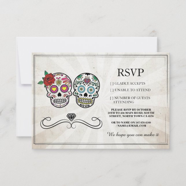 Cartes RSVP Mariage Crânes de Sucre Diamant Rustiq (Devant)
