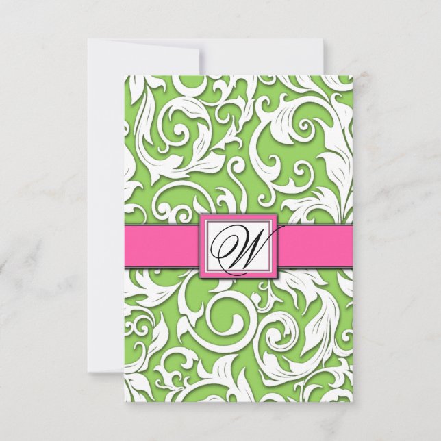 Cartes RSVP Mariage damassé Hot Rose & Lime Green (Devant)
