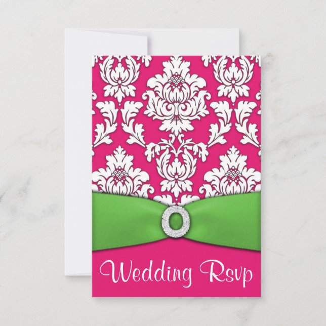 Cartes RSVP Mariage damassé Hot Rose & Lime Green (Devant)
