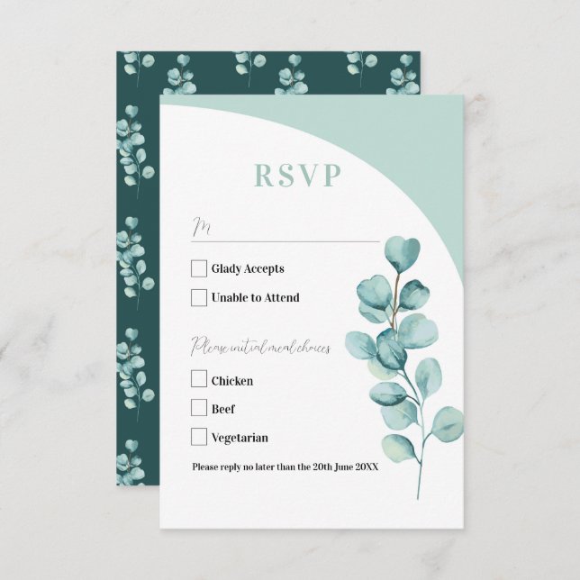 Cartes RSVP Mariage Feuilles d'Eucalyptus Vert (Devant / Derrière)
