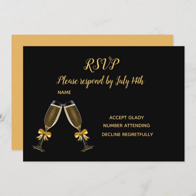 Cartes RSVP mariage verres à champagne noirs et do (Devant / Derrière)