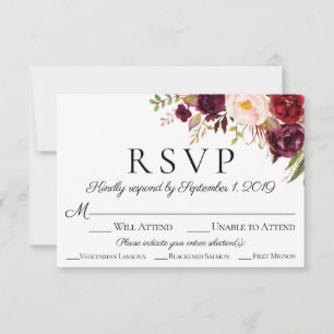 Cartes RSVP Marsala Floral Mariage avec option rep