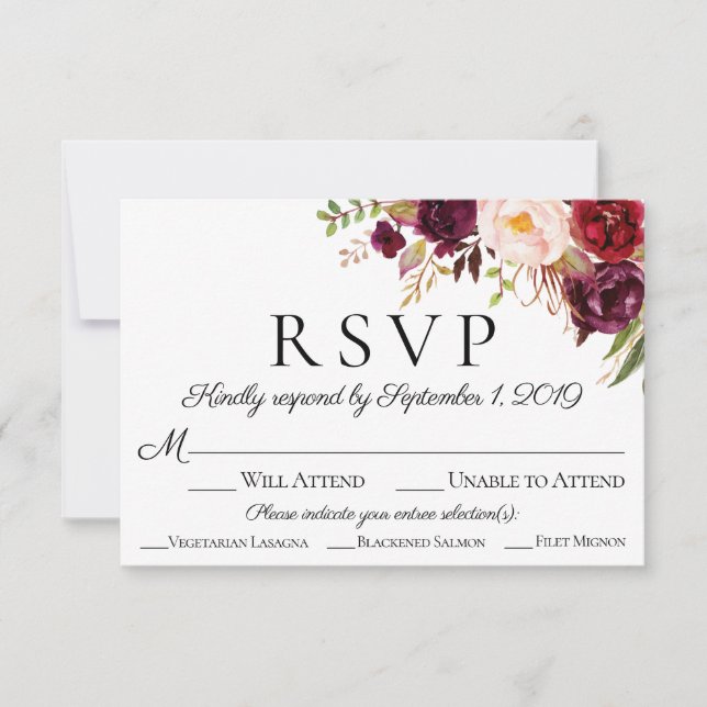 Cartes RSVP Marsala Floral Mariage avec option rep (Devant)