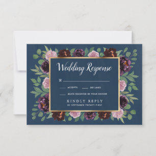 Cartes RSVP Mauve et Marine Blue Gold Plum Wedding