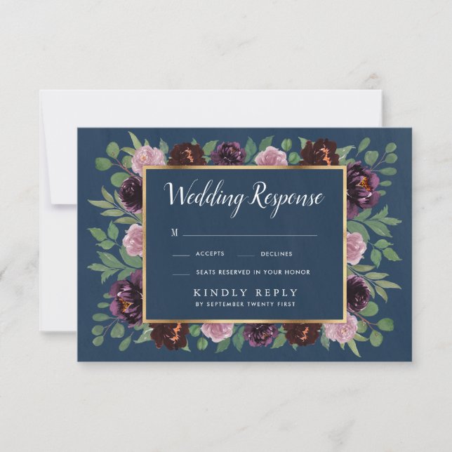 Cartes RSVP Mauve et Marine Blue Gold Plum Wedding (Devant)