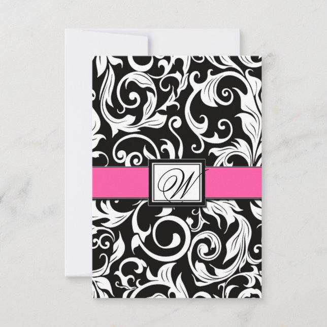 Cartes RSVP Monogram Black & Pink Mariage damassé (Devant)