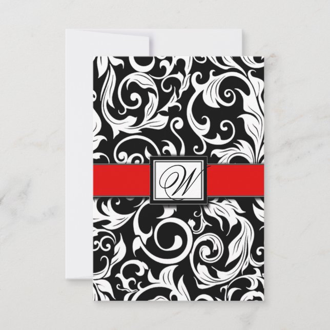 Cartes RSVP Monogram Black & Red Mariage damassé (Devant)