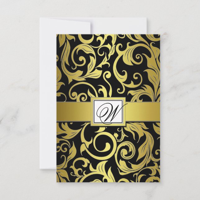 Cartes RSVP Monogram Gold et Black Mariage damassé (Devant)