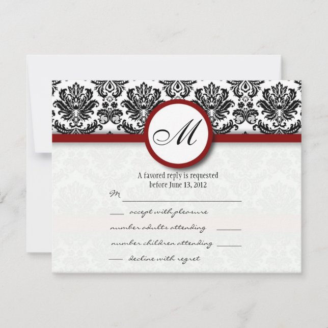 Cartes RSVP Monogramme noir et bordeaux Damas (Devant)