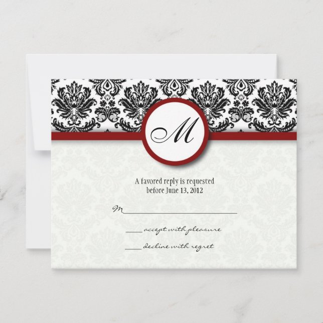 Cartes RSVP Monogramme noir et bordeaux Damas (Devant)