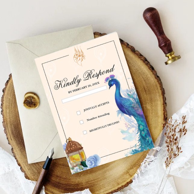 Cartes RSVP musulmanes arabes Peacock illustrées (illustrated peacock muslim rsvp wedding card)