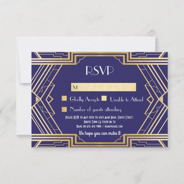 Cartes RSVP Navy Vintage Gatsby Invitations de Mar (Devant)