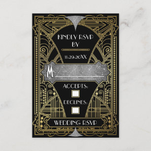 Cartes RSVP Noir & Argent Art Déco Mariage vintage