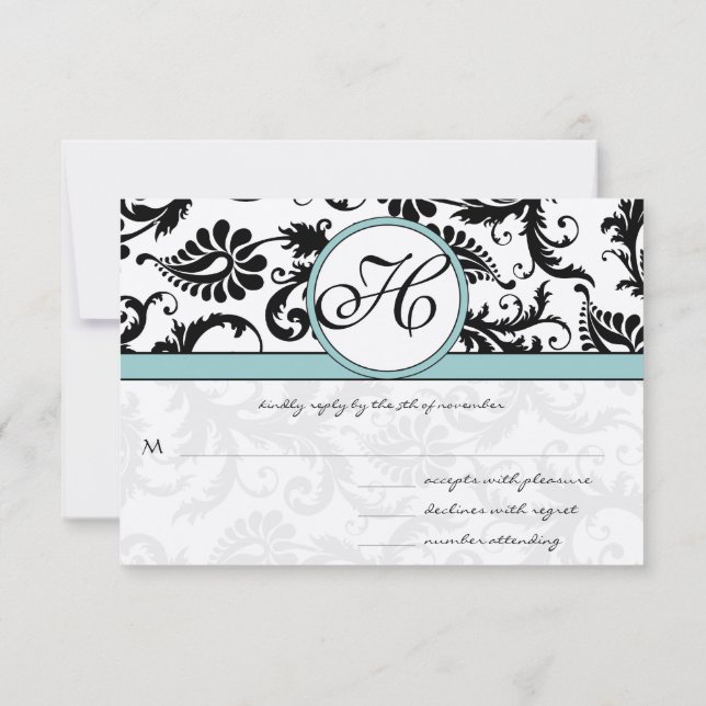 Cartes RSVP - Noir et blanc Damas Aqua Bleu (Dos)