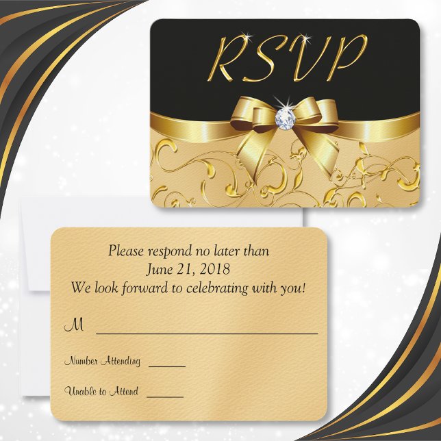 Cartes RSVP Noir et Or, personnalisables, votre te (Black and Gold RSVP Cards. Wedding Response Cards. Birthday RSVP Cards. Elegant RSVP Cards. )