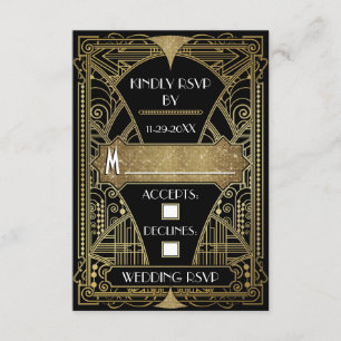 Cartes RSVP Noir & Or Art Déco Mariage vintage