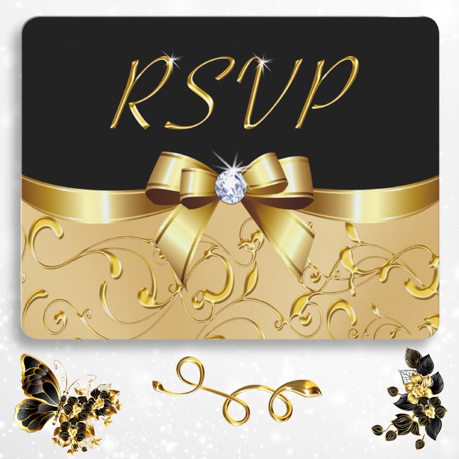 Cartes RSVP noires et or étonnantes avec enveloppe (Elegant RSVP Cards. Personalized RSVP Cards. 50th anniversary RSVP cards. Elegant RSVP. Gold RSVP.)