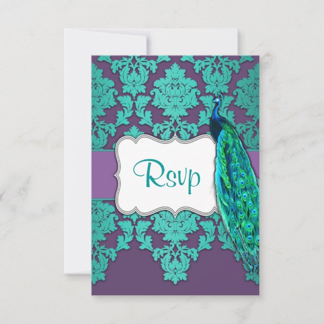 Cartes RSVP Peacock Aqua & Purple Mariage damassé (Devant)