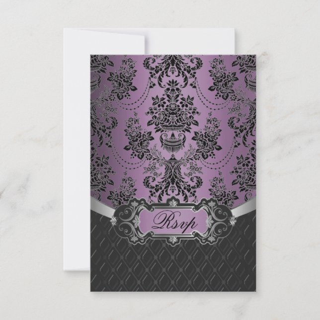 Cartes RSVP Plum Lapis violet Mariage damassé noir (Devant)