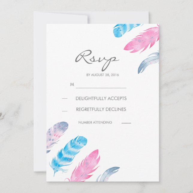 Cartes RSVP pour mariage à l'aquarelle Boho Feathe (Devant)