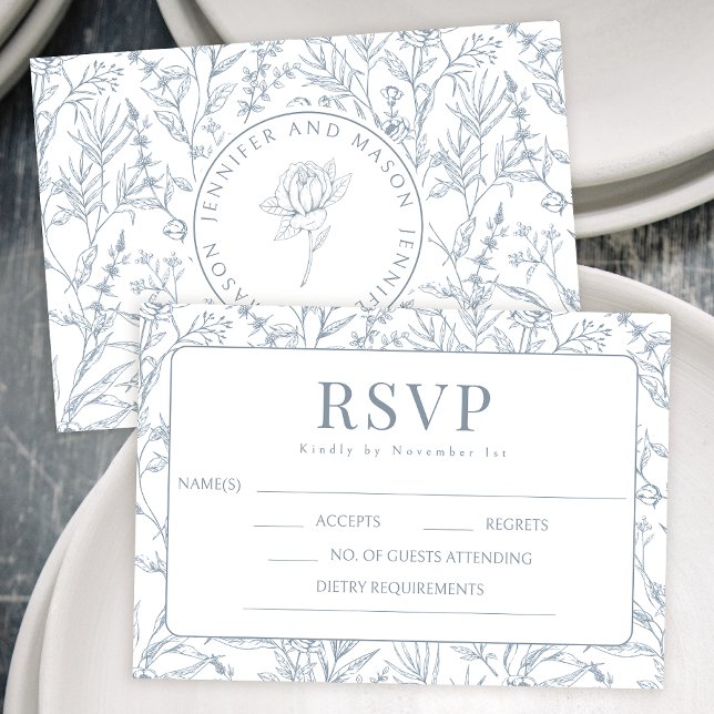 Cartes RSVP pour mariage à monogramme floral bleu (Créateur téléchargé)