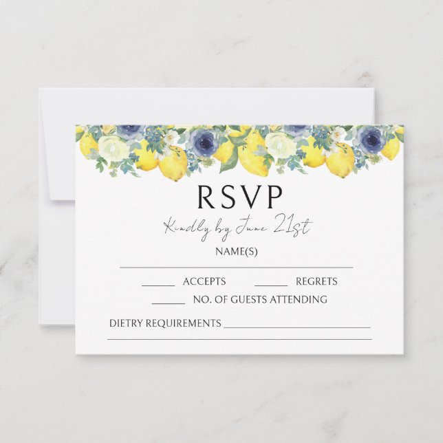 Cartes RSVP pour mariage d'été jaune citron bleu (Devant)
