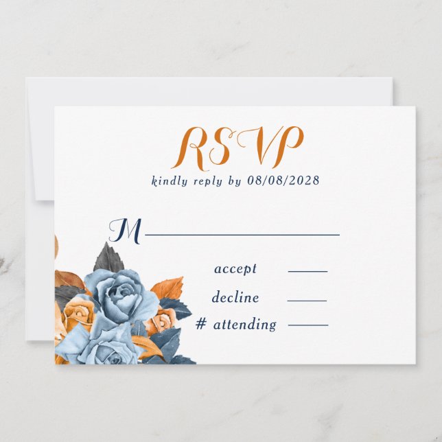 Cartes RSVP pour mariage floral bleu et tourbe rou (Devant)