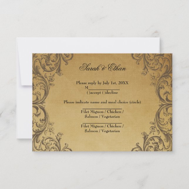 Cartes RSVP pour mariage or antique baroque (Devant)