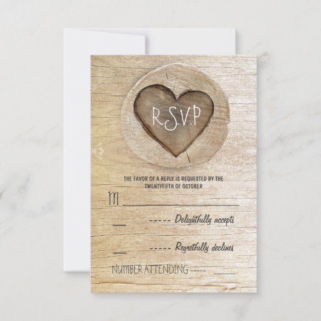 Cartes RSVP pour mariage rustique au coeur de bois (Devant)