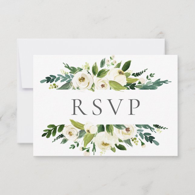 Cartes RSVP pour mariage vert à fleurs blanches (Devant)