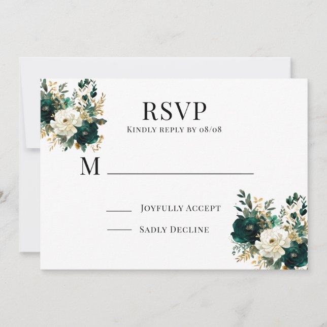 Cartes RSVP pour mariage vert blanc et or (Devant)