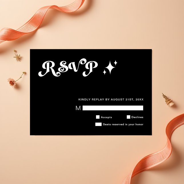 Cartes RSVP Retro Moderne Soigné Noir Mariage (Créateur téléchargé)