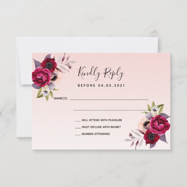 Cartes RSVP rose mariage or florales (Devant)
