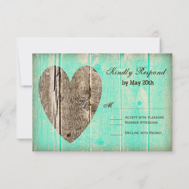 Cartes RSVP Rustic Wood Heart Aqua Mariage campagn (Devant)