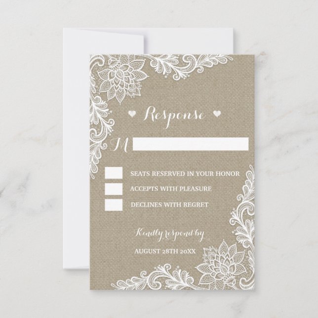 Cartes RSVP Rustiques Burlap et Floral Lace Mariag (Devant)