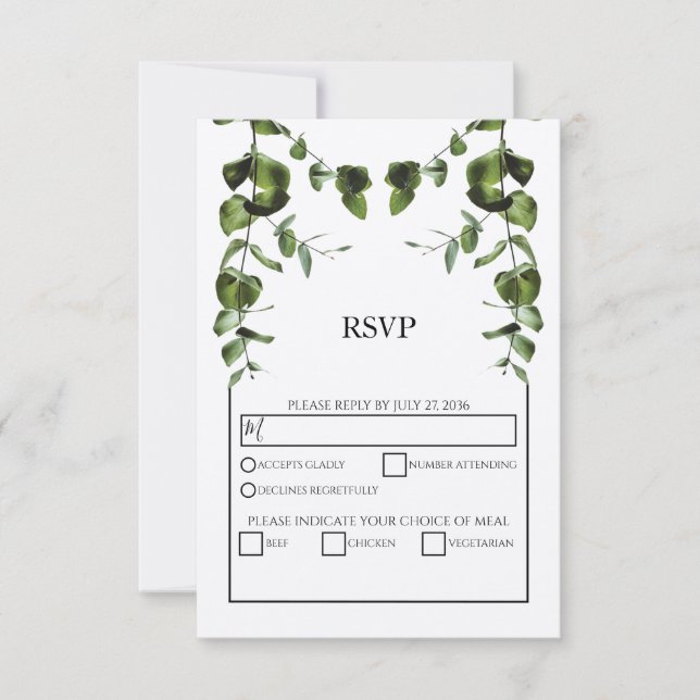 Cartes RSVP Rustiques Feuilles Eucalyptus Mariage (Devant)