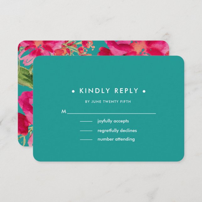 Cartes RSVP Turquoise Fuchsia Floral Wedal (Devant / Derrière)
