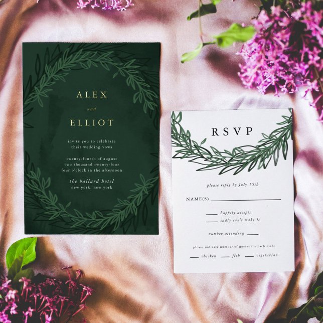 Cartes RSVP Vertes Emerald Dramatique Mariage Vert (Emerald green botanical wedding invitation RSVP card.)
