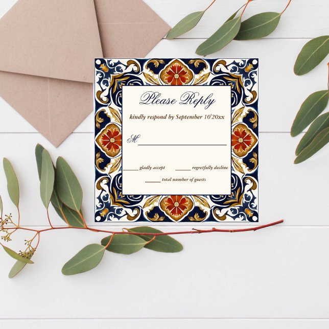 Cartes RSVP vintage Talavera Azulejo (Vintage Talavera Azulejo Mediterranean blue tiles RSVP cards wedding invitation suite)